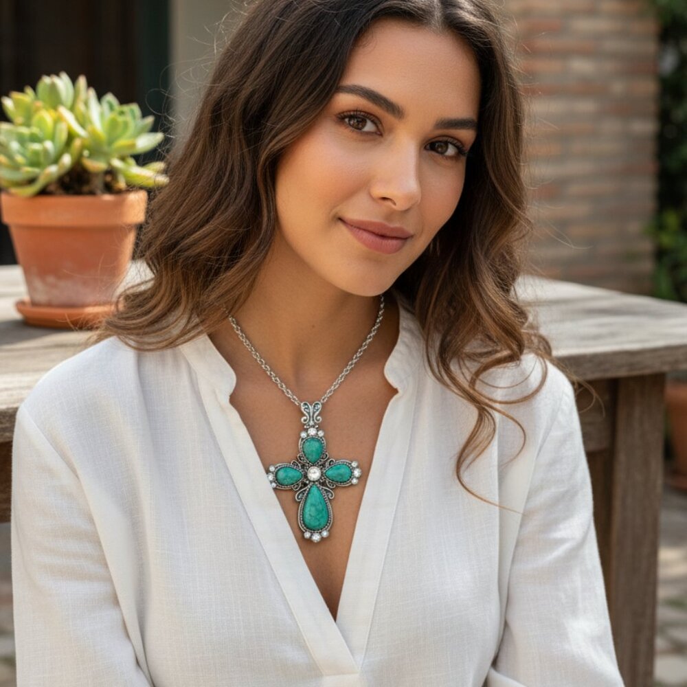 Southwestern Faux Turquoise and Rhinestone Cross Pendant Necklace Silver Tone